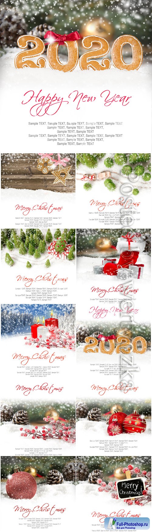 Christmas banners with fir branches, candles, gifts and Christmas decorations