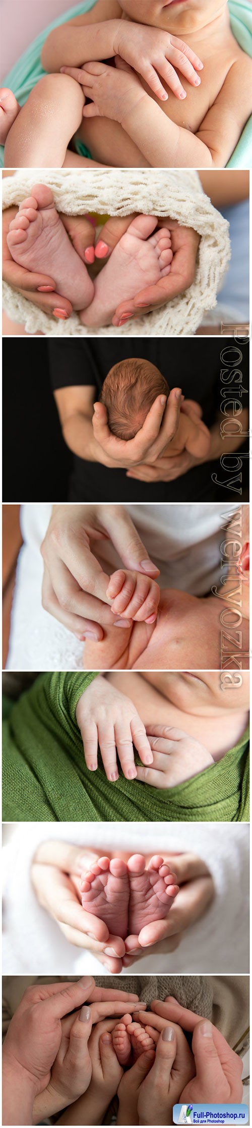 Hands of parents and children,  legs of the newborn 