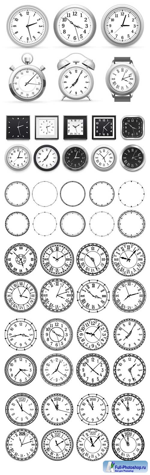 Realistic clock, modern white round wall clocks, black watch face and time watch 