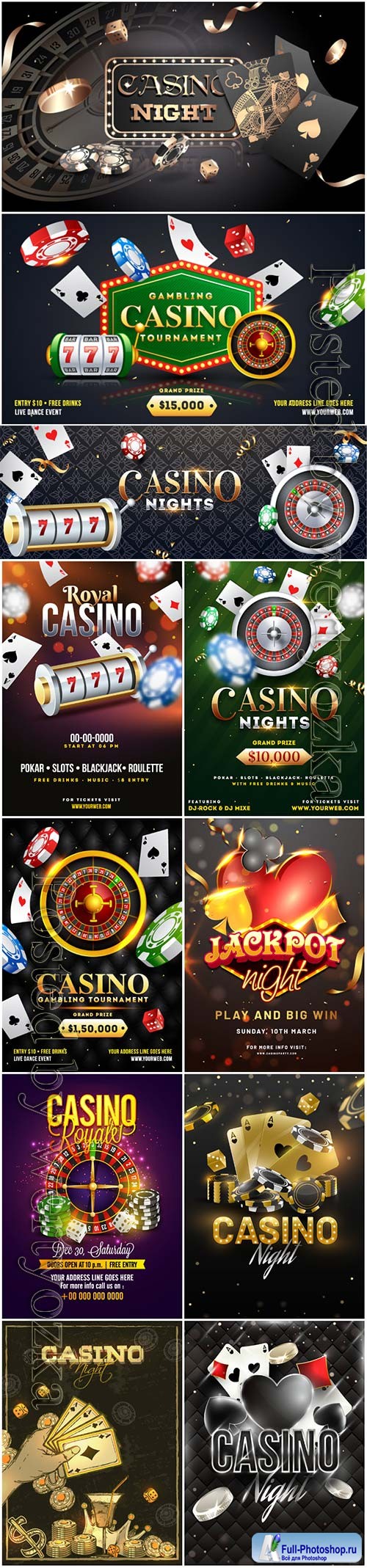Advertising poster design, Casino Night text with casino chips, coins and playing cards illustration