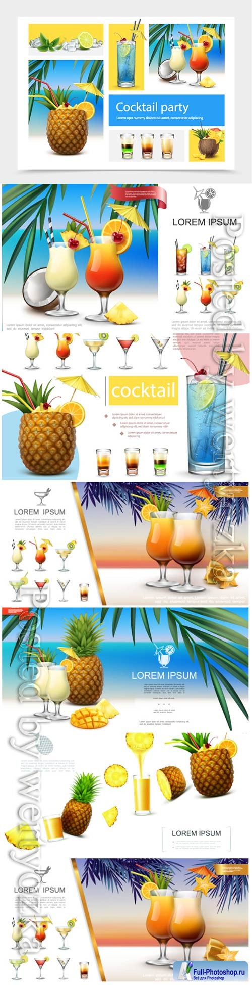 Realistic, summer, cocktails, vector, collection