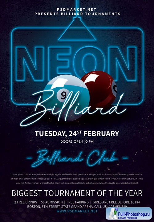 Neon billiard night - Premium flyer psd template