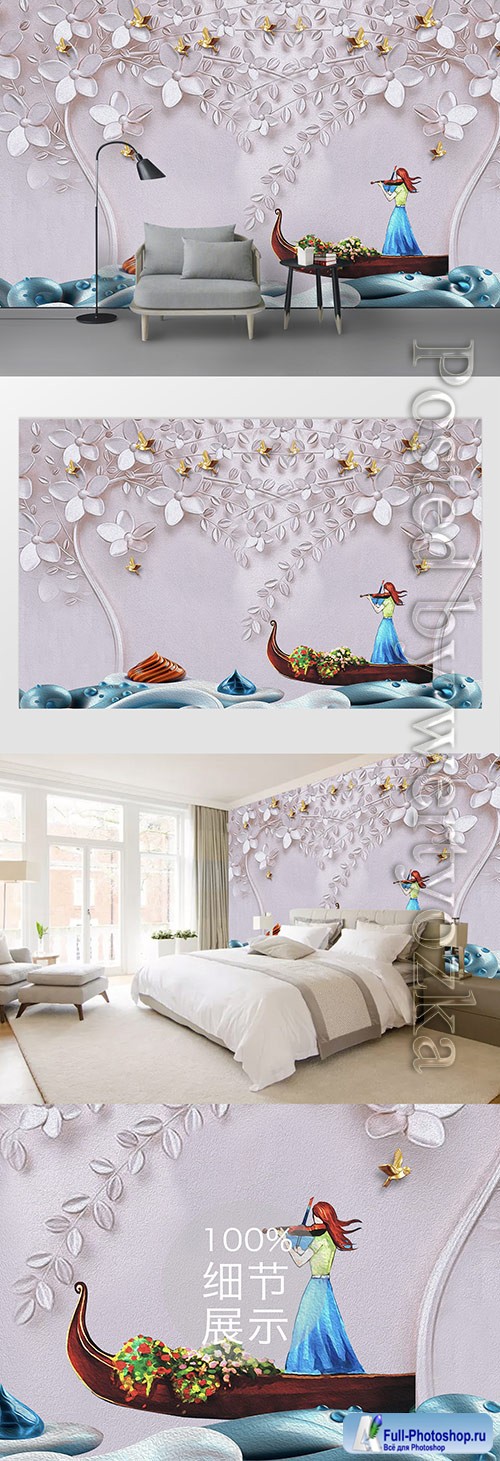 3D models template flower bird beautiful harp background wall