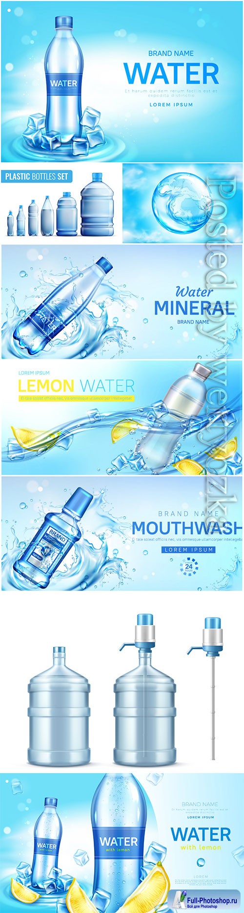 Water bottle ad banner, flask with drink, splashing water drops in vector # 3