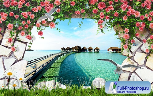 3D psd models beach scenery landscape wall outside the wall