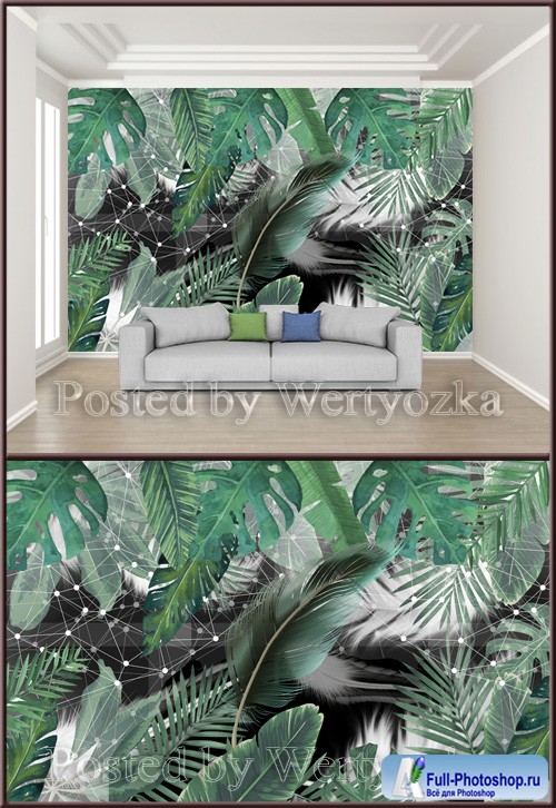 3D psd background wall small fresh green leafy plant feather