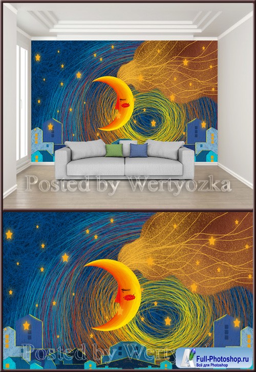 3D psd background wall modern starry moon house