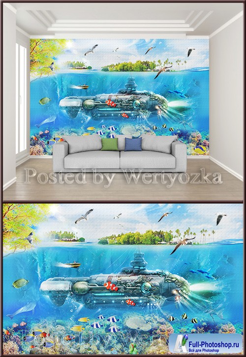 3D psd background wall nordic minimalist underwater world submarine