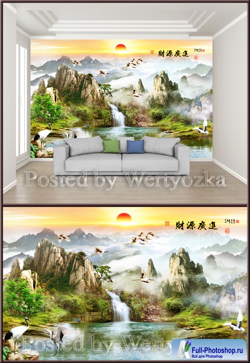 3D psd background wall chinese landscape