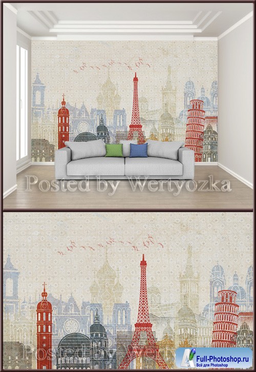 3D psd background wall retro abstract city architecture