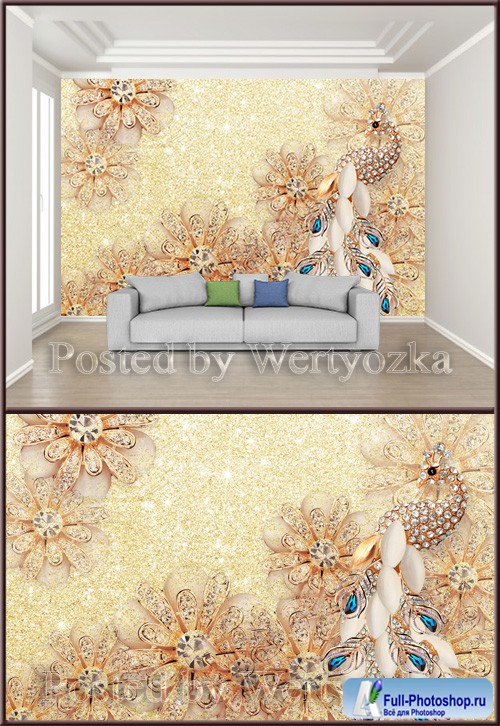 3D psd background wall gorgeous diamond jewelry flower gem peacock