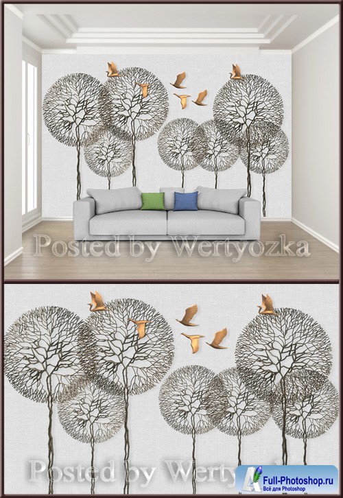 3D psd background wall embossed branches flying birds