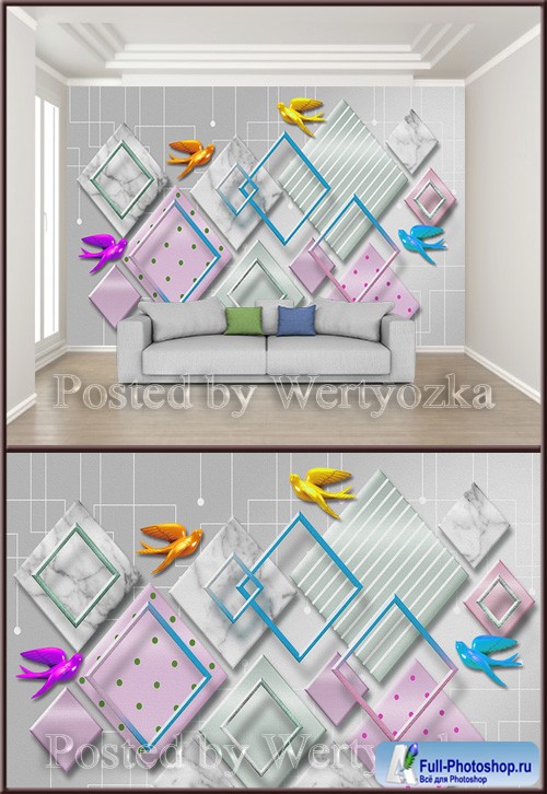 3D psd background wall geometric mosaic splicing bird