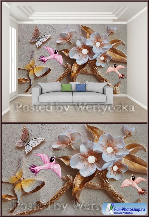 3D psd background wall floral butterfly bird