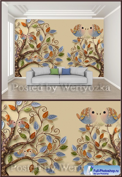 3D psd background wall beautiful leaves embossed bird