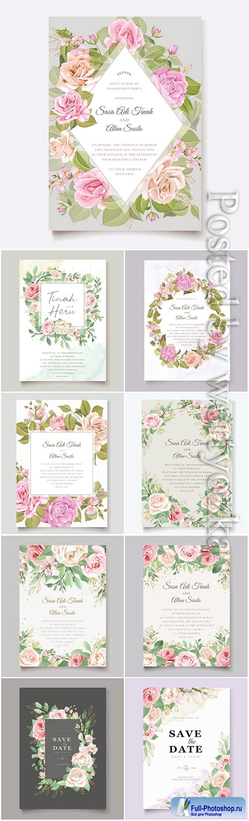 Wedding invitation cards with flowers in vector # 3