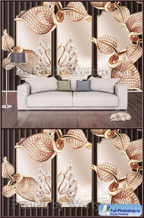 3D psd background wall golden metal mosaic swan