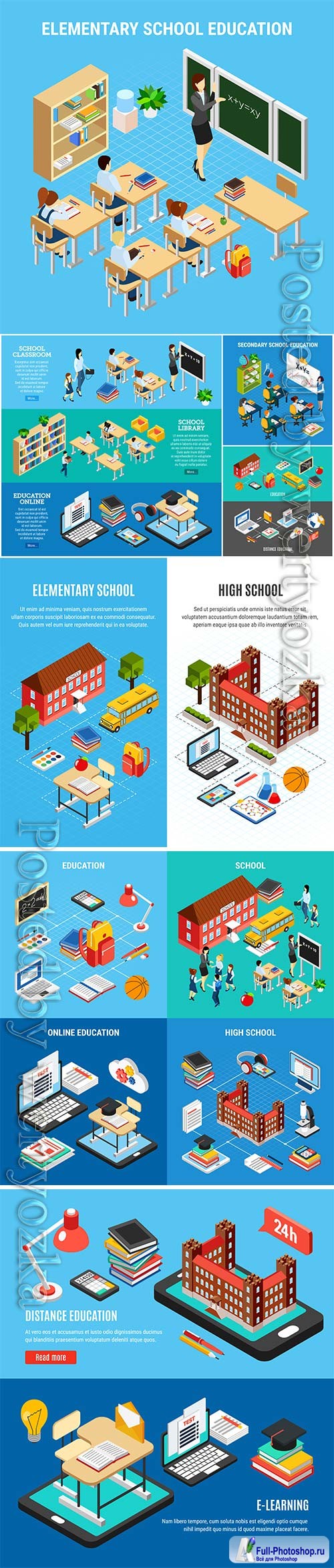 Isometric education banners vector set