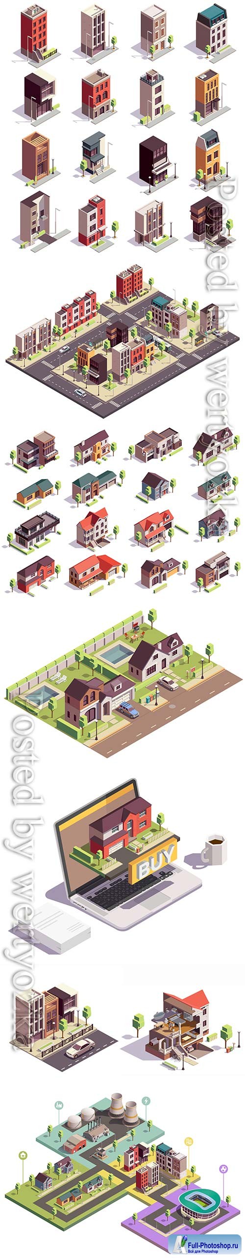 Townhouse buildings isometric vector set of sixteen isolated colourful buildings