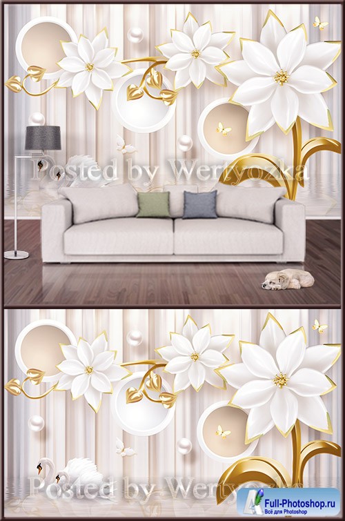 3D psd background wall swans white flowers