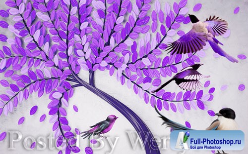 3D psd models modern beautiful hand painted embossed fortune tree bird tv background wall