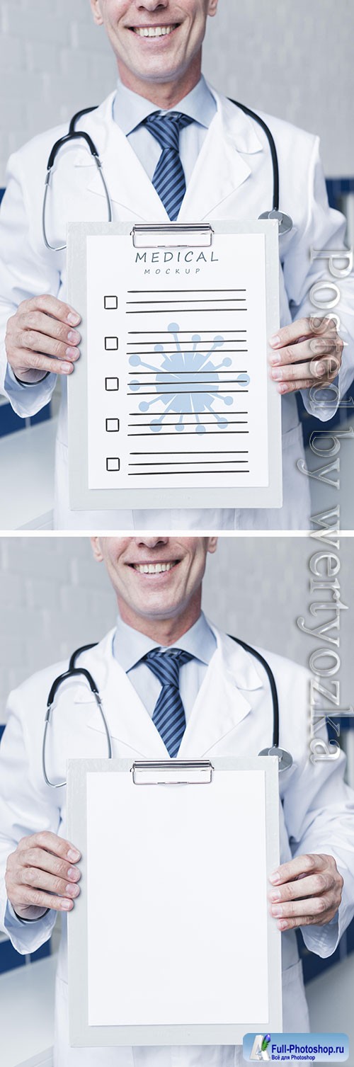 Smiley doctor holding a medical paper mock-up