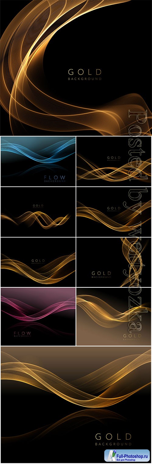 Abstract shiny golden wavy element on dark vector background