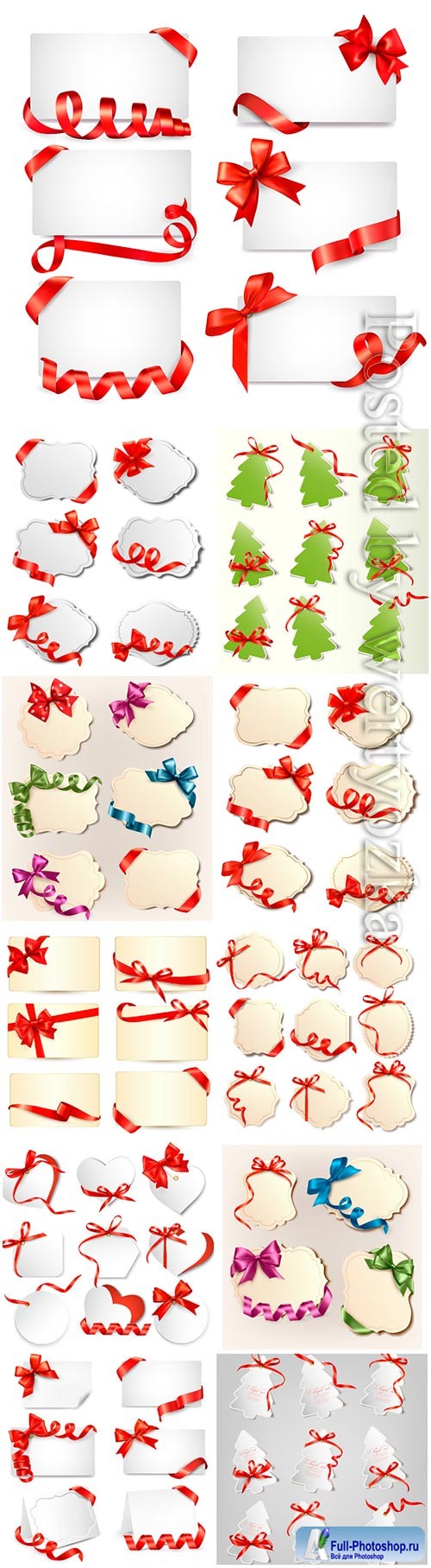 Set of gift vector cards with colorful gift bows with ribbons