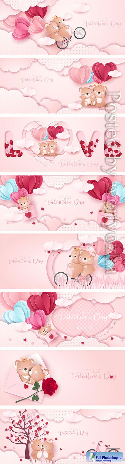 Cute doodle bear for valentines day in paper style banner