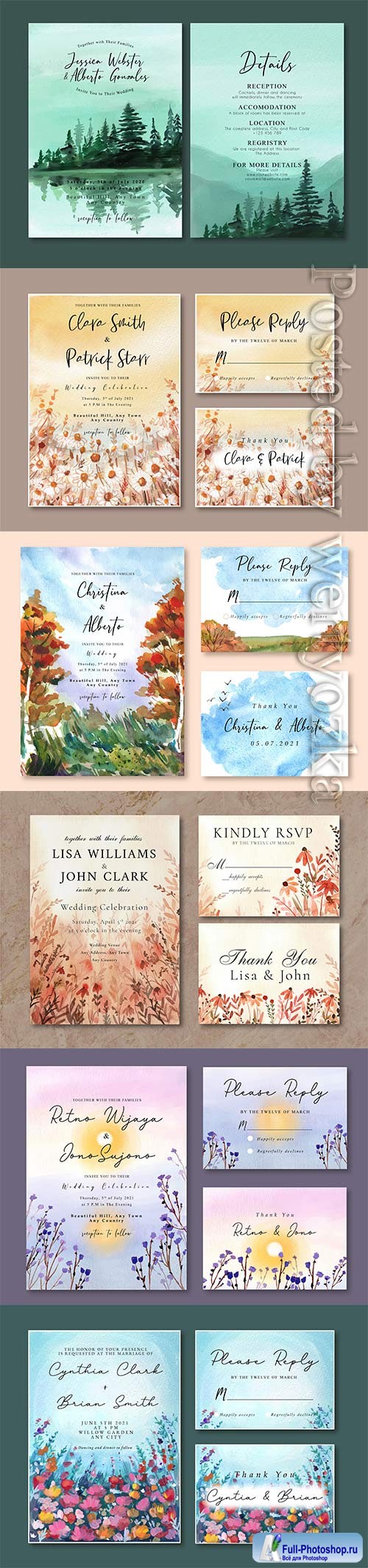 Watercolor wedding invitation vector card