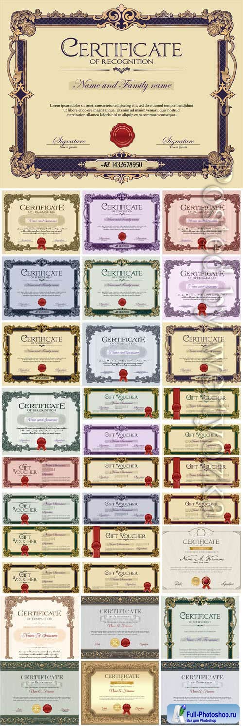 Vintage certificates with patterns in vector