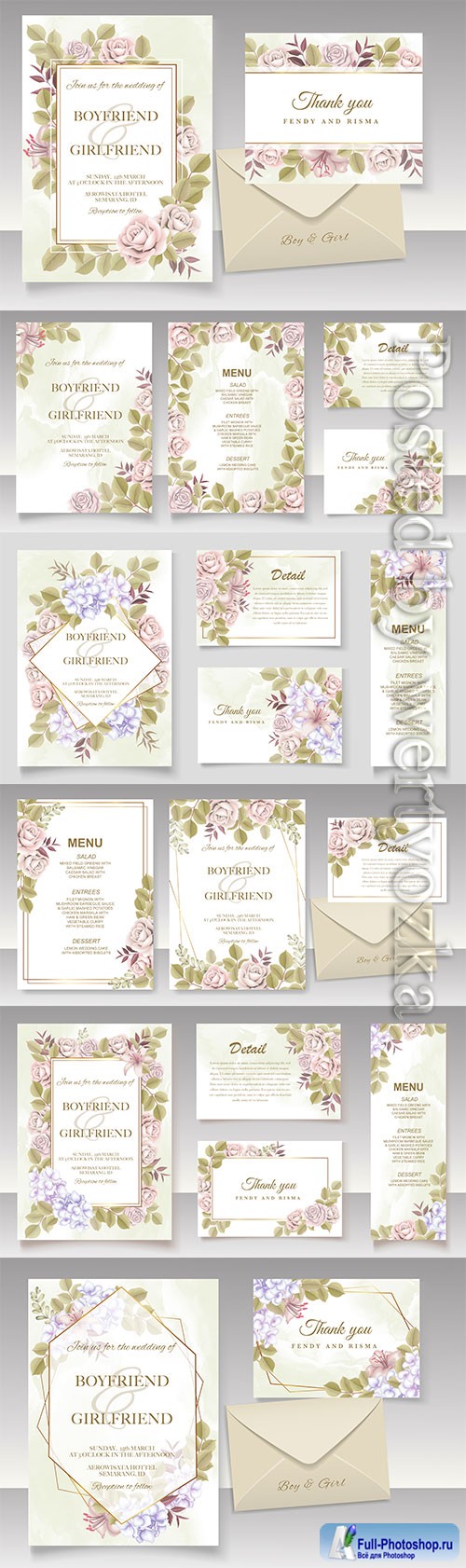 Elegant hand drawing wedding invitation floral design