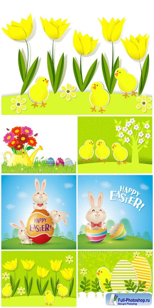 Yellow tulips and chickens, Easter illustrations in vector