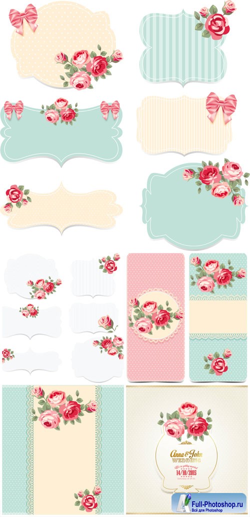 Backgrounds and elements with flowers for wedding invitations in vector