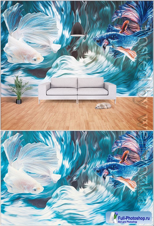 3d creative siamese fighting fish, psd painting room wall