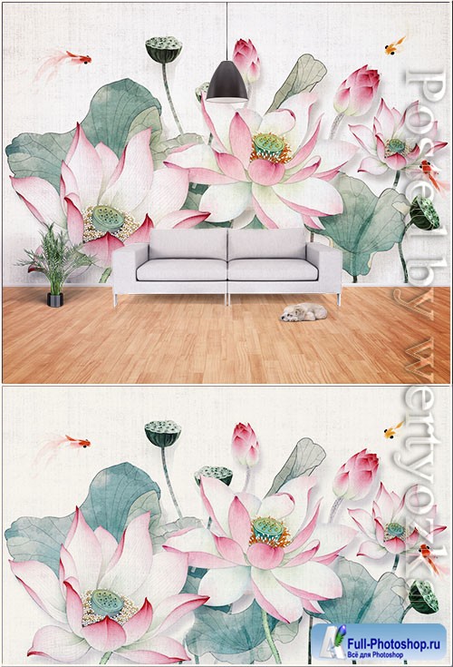 New chinese 3d lotus flower blooming background wall