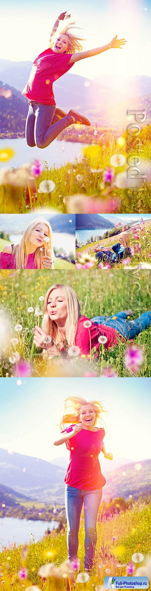 Cheerful girl with dandelions stock photo
