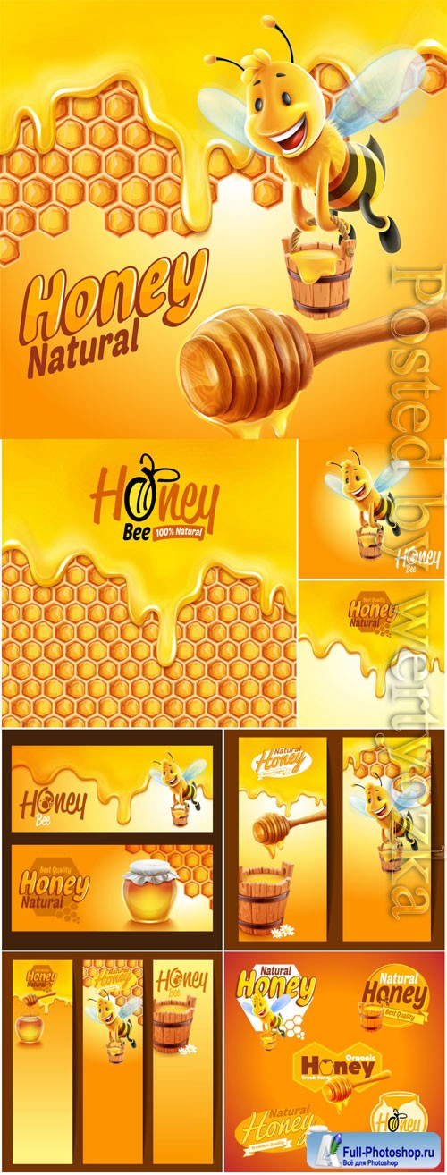 Backgrounds with honey and bees in vector