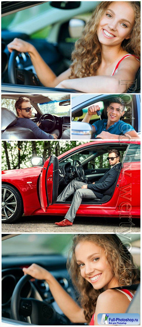 Men and women driving a car stock photo