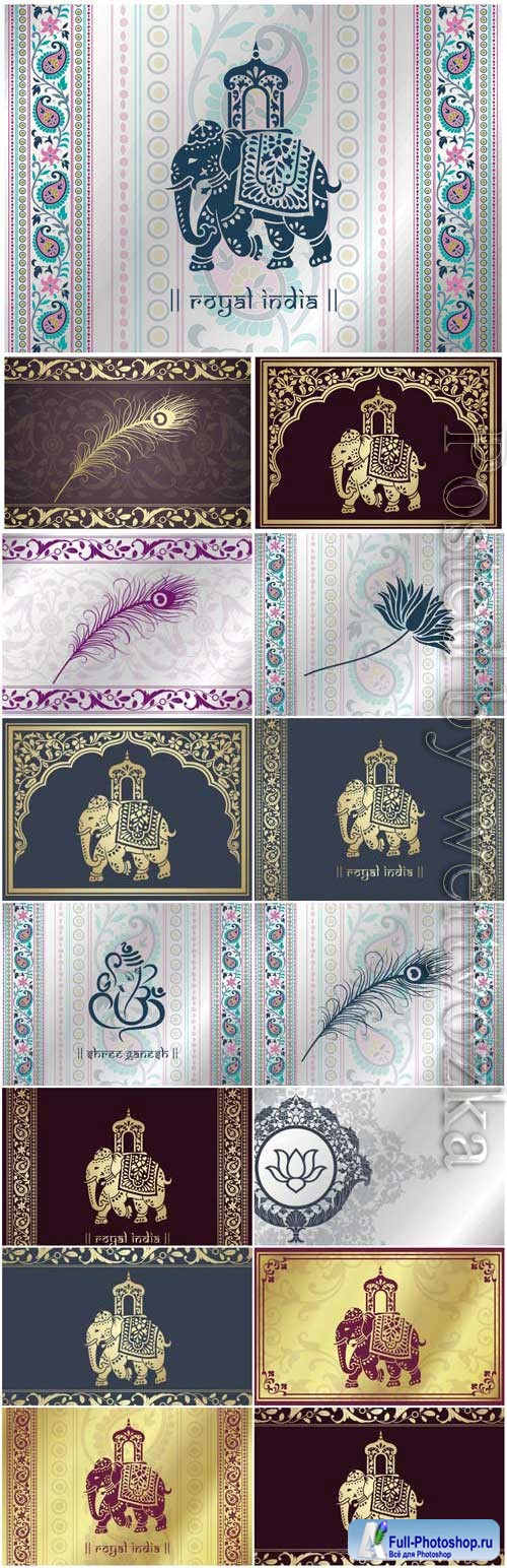 Indian backgrounds with patterns and elephants in vector