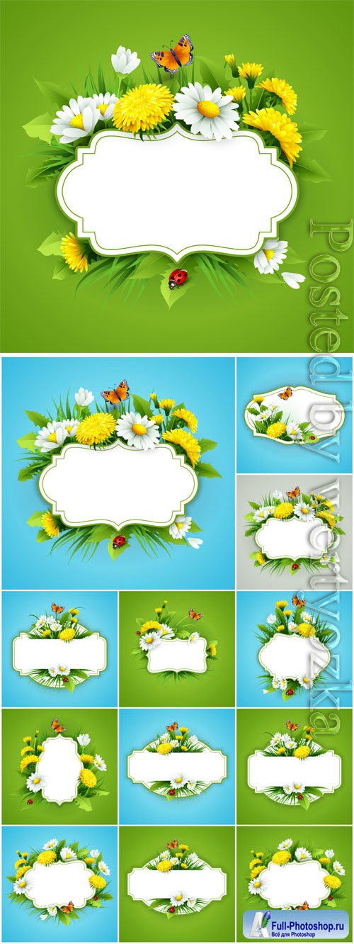Frames with flowers, butterflies and ladybirds in vector