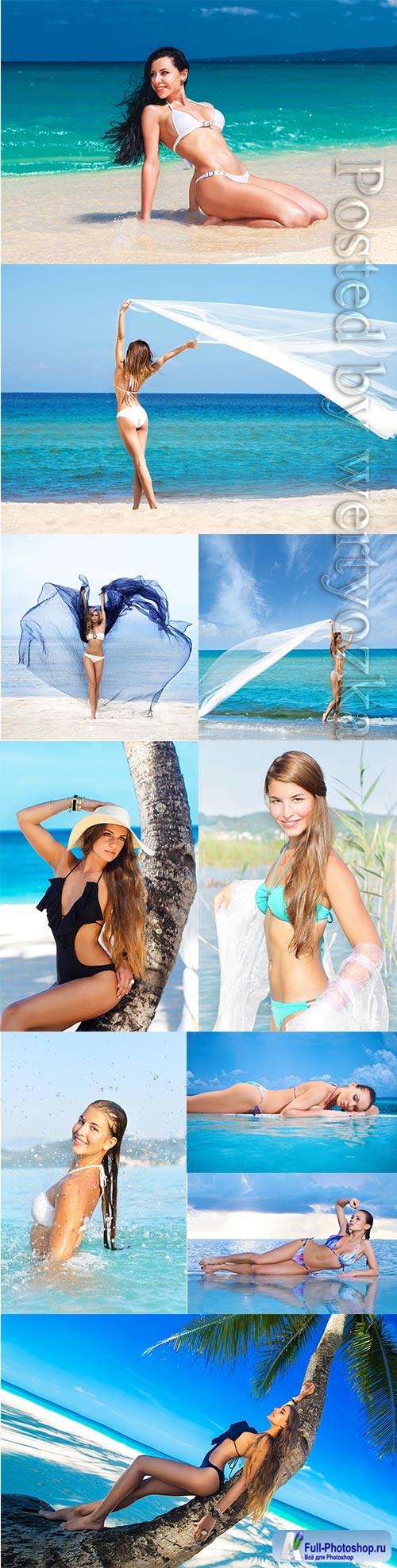 Girls in swimsuits on the seashore stock photo