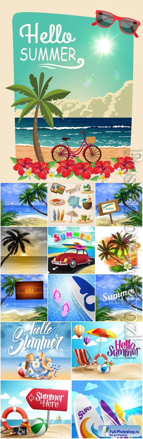 Summer backgrounds, vacations, palms and sea in vector