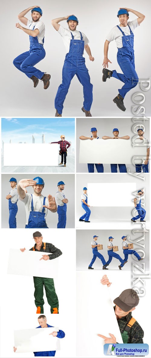 Working men holding placard stock photo