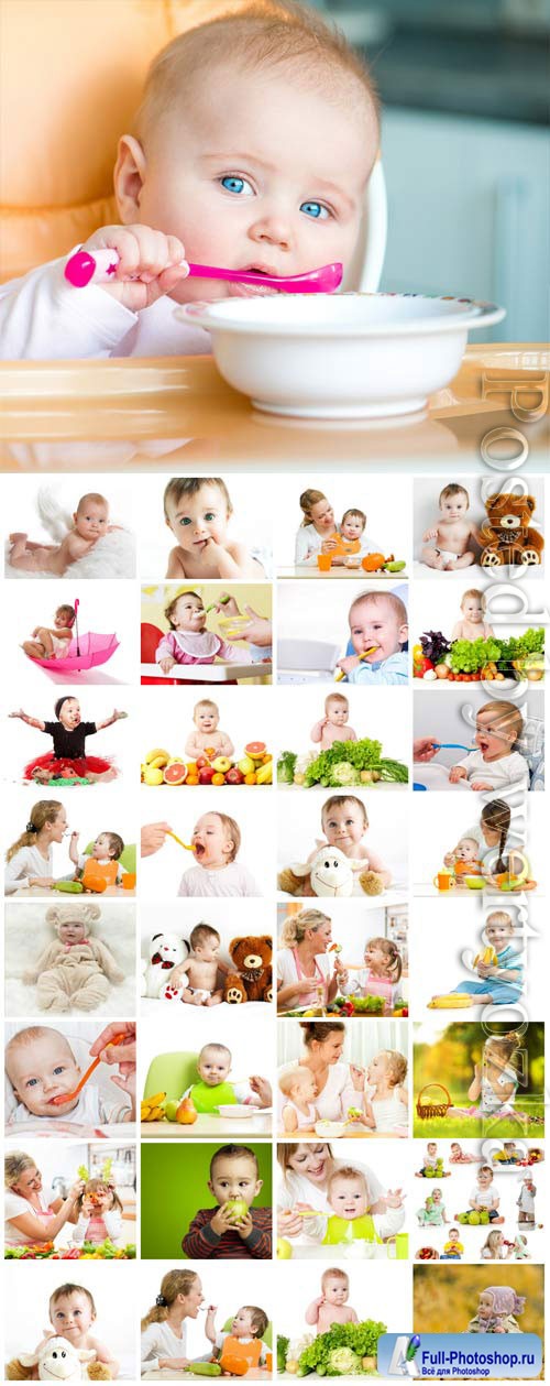 Little kids eating and playing stock photo