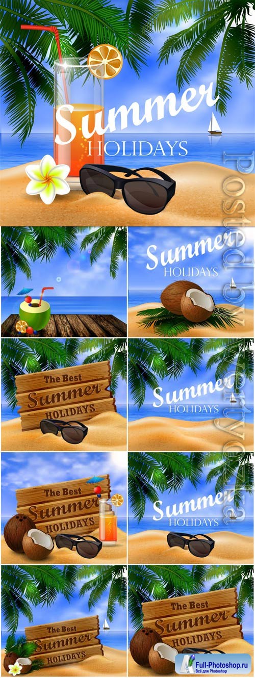 Summer vacation, sea, palm trees, cocktails in vector vol 18