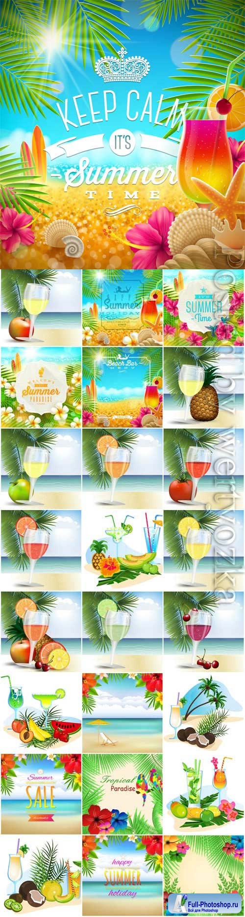 Summer vacation, sea, palm trees, cocktails in vector vol 21