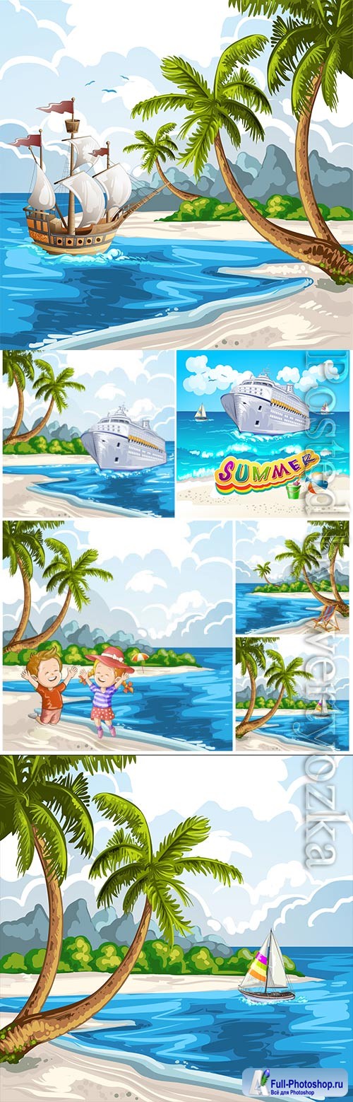 Summer vacation, sea, palm trees, cocktails in vector vol 15