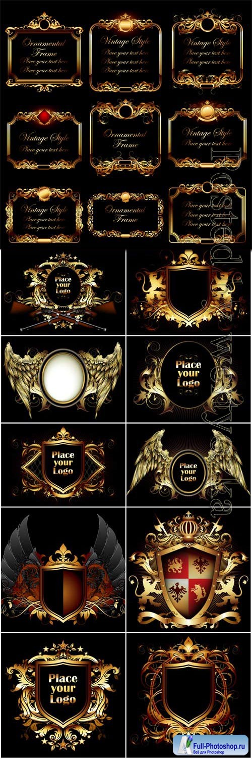 Coat of arms and frames with golden design in vector