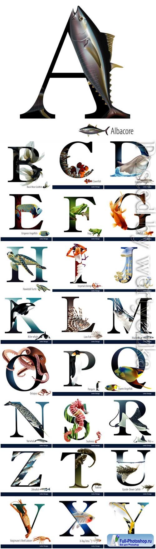 Alphabet with marine life in vector